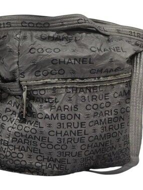 CHANEL SILKY SATINY SILVER COATED CANVAS LOGO WORDS ALL OVER COCO PARIS AS IS